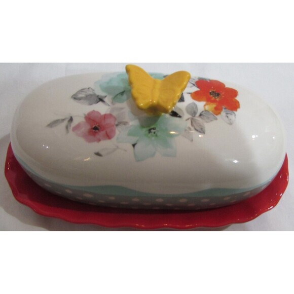 THE PIONEER WOMAN BUTTER DISH FLEA MARKET FLORAL STONEWARE POLKA DOTS BUTTERFLY - Picture 1 of 8